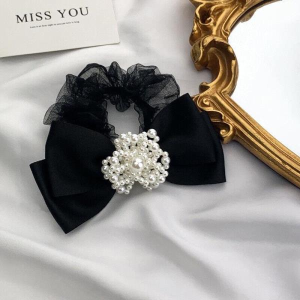 Black Lace Bow Pearl High Elastic Hair Tie