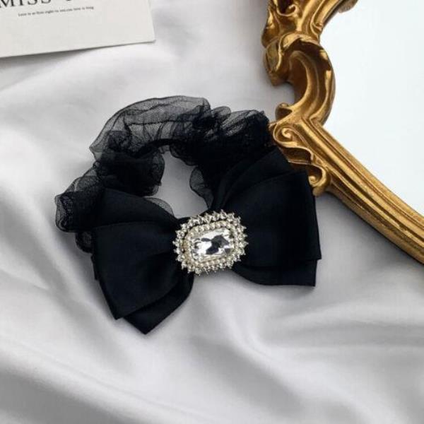 Black Lace Bow Pearl High Elastic Hair Tie