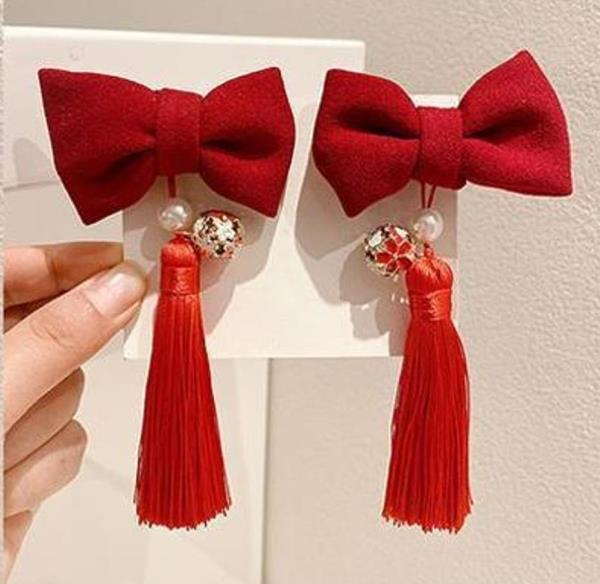 Red Bow Tassel Fluffy Ear Celebrate Hair Pins