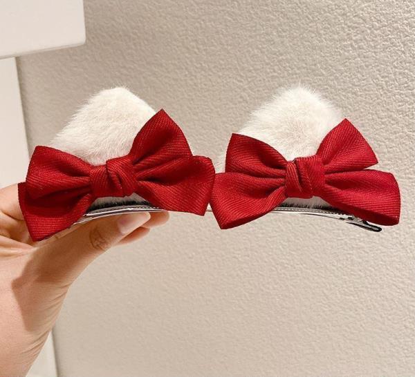 Red Bow Tassel Fluffy Ear Celebrate Hair Pins