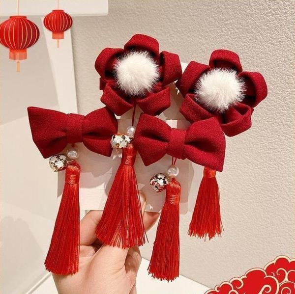 Red Bow Tassel Fluffy Ear Celebrate Hair Pins