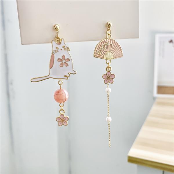 Pink Cherry Blossom Cat Earrings