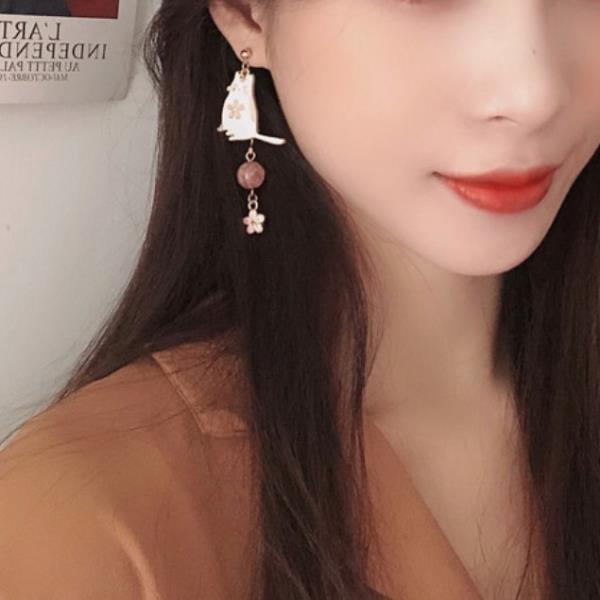 Pink Cherry Blossom Cat Earrings