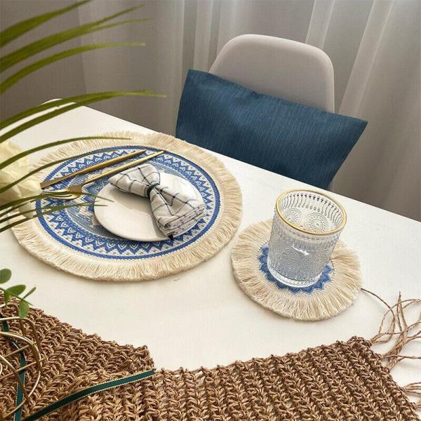 2 Bohemian Braid Lace Knit Tassel Table Dining Placemats