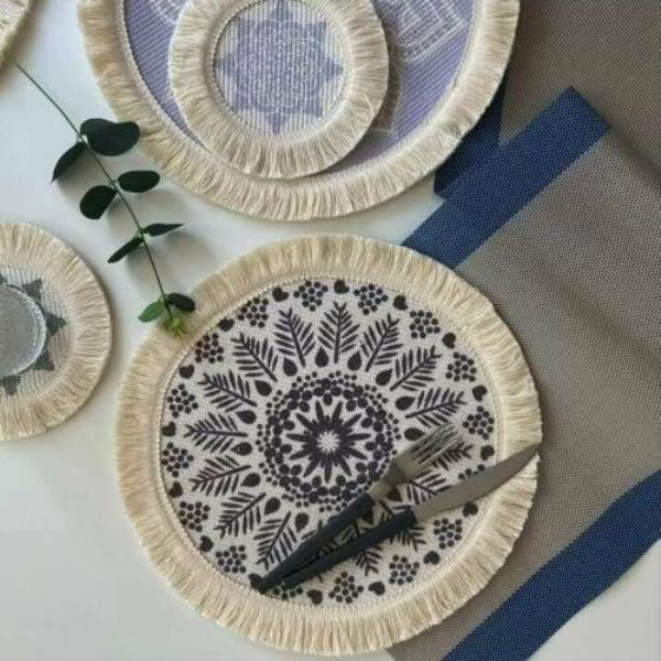 2 Bohemian Braid Lace Knit Tassel Table Dining Placemats