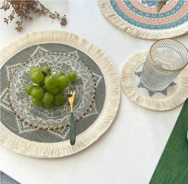 2 Bohemian Braid Lace Knit Tassel Table Dining Placemats