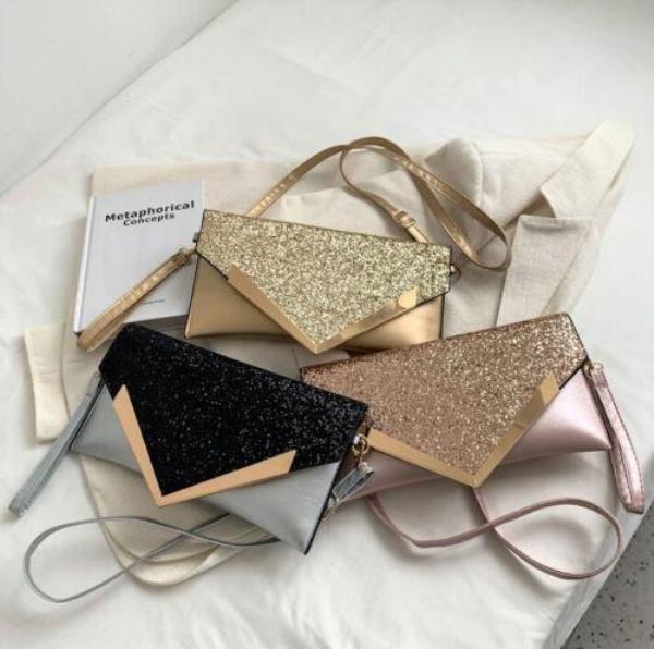 Glitter Sequin V Shape Flap Envelop Bag