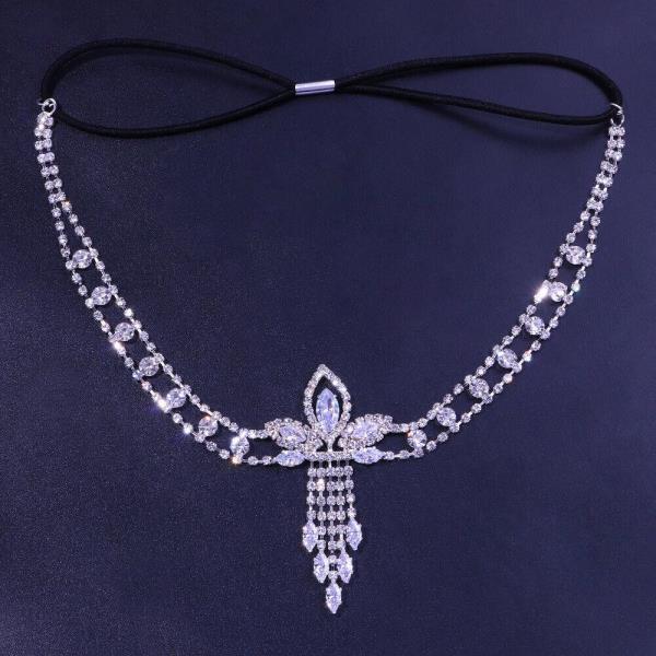 Silver Rhinestone Flower Elastic Forehead Hair Chain