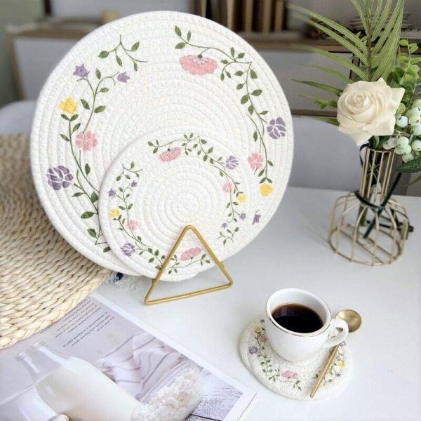 11 Cm Flower White Braid Cotton Knit Coaster