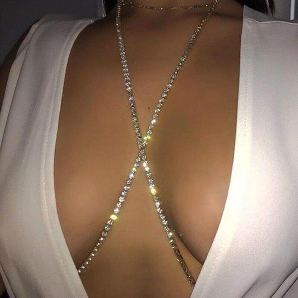 Rhinestone Long Chest Bra Necklace Body Chain