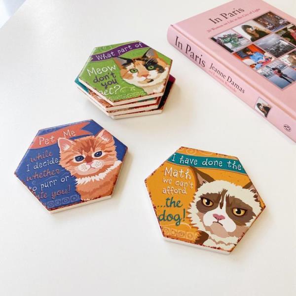 6 Cartoon Hexagon Cat Ceramic Absorbent Coasters