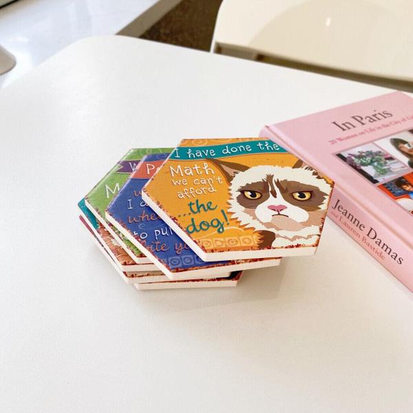 6 Cartoon Hexagon Cat Ceramic Absorbent Coasters