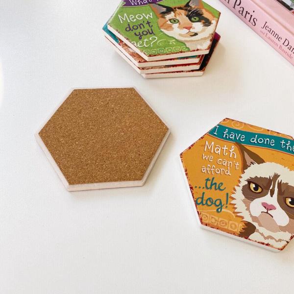 6 Cartoon Hexagon Cat Ceramic Absorbent Coasters