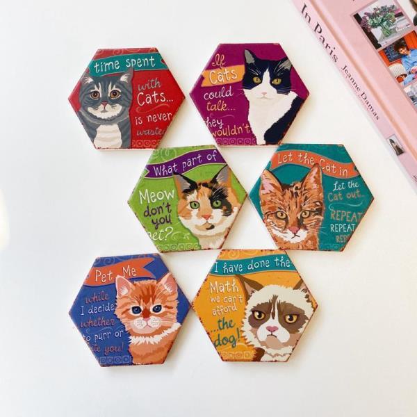 6 Cartoon Hexagon Cat Ceramic Absorbent Coasters