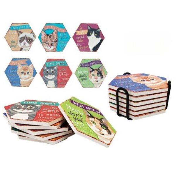 6 Cartoon Hexagon Cat Ceramic Absorbent Coasters