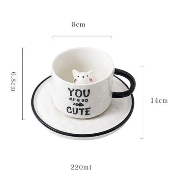 3D Cat Figurine Decorated Ceramic Cup With Plate