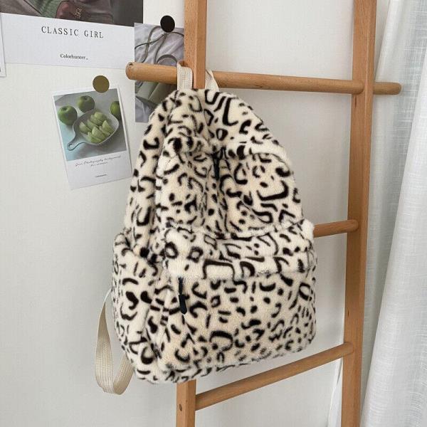 Ulzzang Leopard Fluffy Multi Pockets School Backpack