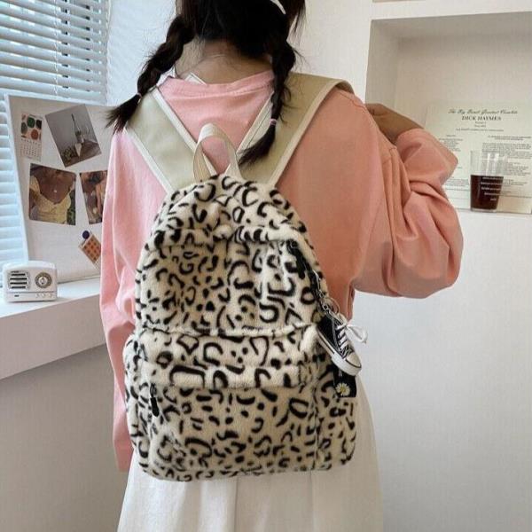 Ulzzang Leopard Fluffy Multi Pockets School Backpack