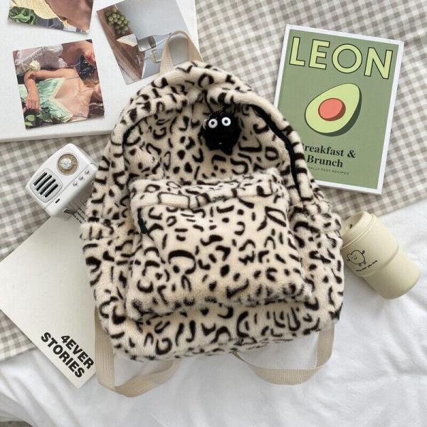 Ulzzang Leopard Fluffy Multi Pockets School Backpack