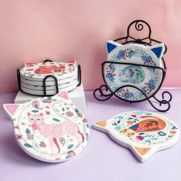 4 Flower Cat Heat Resistance Absorbent Ceramic Coasters