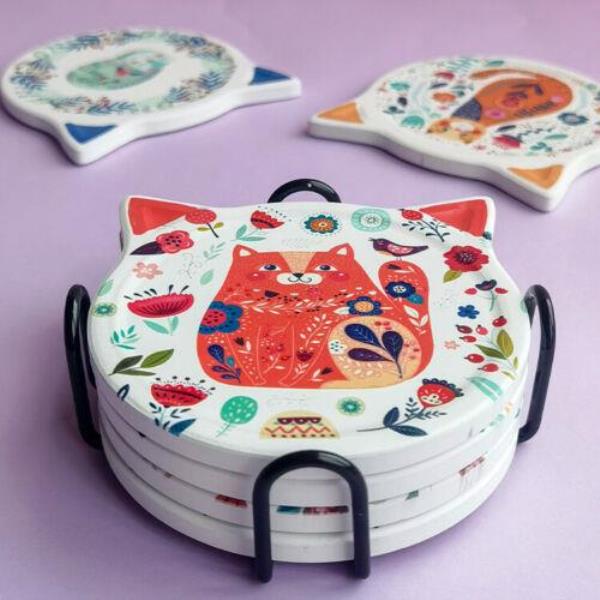 4 Flower Cat Heat Resistance Absorbent Ceramic Coasters