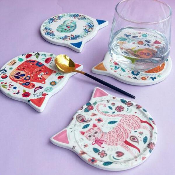 4 Flower Cat Heat Resistance Absorbent Ceramic Coasters