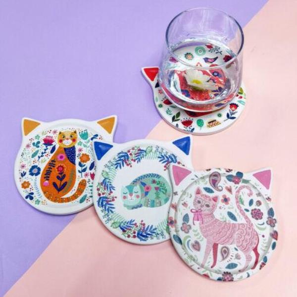 4 Flower Cat Heat Resistance Absorbent Ceramic Coasters