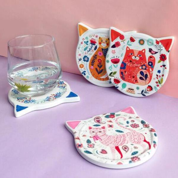 4 Flower Cat Heat Resistance Absorbent Ceramic Coasters