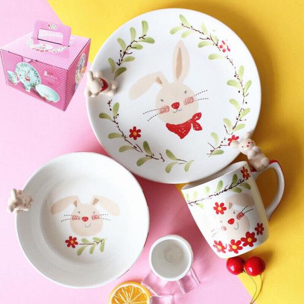 4 Pcs Cute Cartoon Kids 3D Ceramic Dining Set