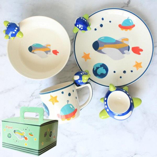 4 Pcs Cute Cartoon Kids 3D Ceramic Dining Set