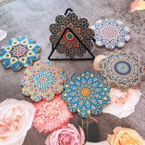 6 Heat Resistance Mandala Flower Ceramic Absorbent Coasters