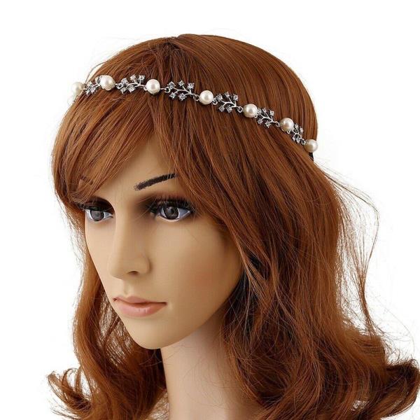 Silver White Pearl Crystal Leaf Elastic Headband