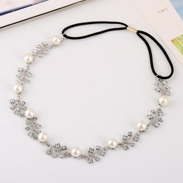 Silver White Pearl Crystal Leaf Elastic Headband