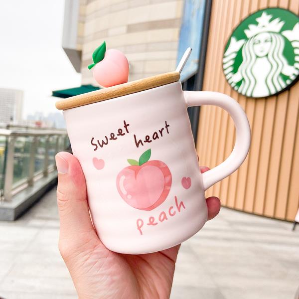 Strawberry Peach Ceramic Mug With Wooden Lid