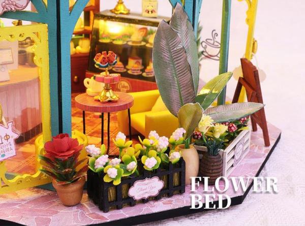 DIY Wooden Light Casa Flower Coffee Shop Music Miniature Dollhouse