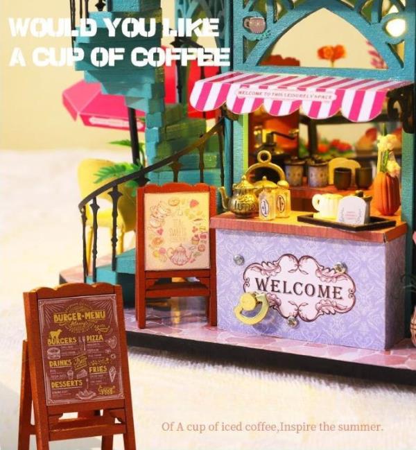 DIY Wooden Light Casa Flower Coffee Shop Music Miniature Dollhouse