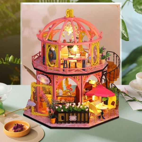 DIY Wooden Light Casa Flower Coffee Shop Music Miniature Dollhouse