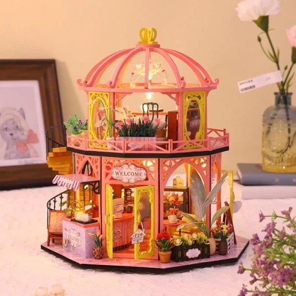 DIY Wooden Light Casa Flower Coffee Shop Music Miniature Dollhouse