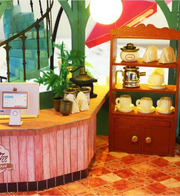 DIY Wooden Light Casa Flower Coffee Shop Music Miniature Dollhouse