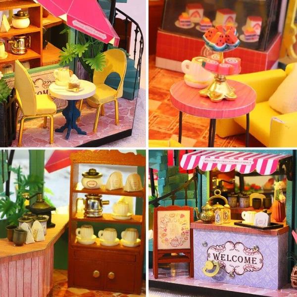 DIY Wooden Light Casa Flower Coffee Shop Music Miniature Dollhouse