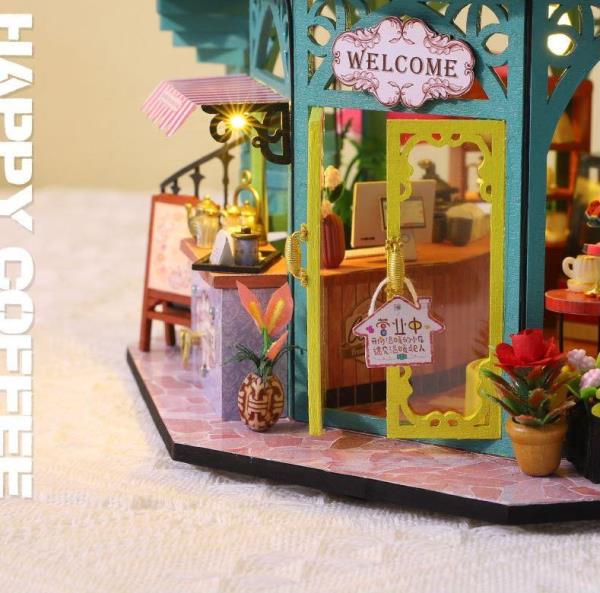 DIY Wooden Light Casa Flower Coffee Shop Music Miniature Dollhouse