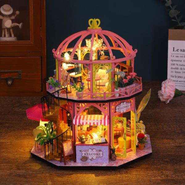 DIY Wooden Light Casa Flower Coffee Shop Music Miniature Dollhouse