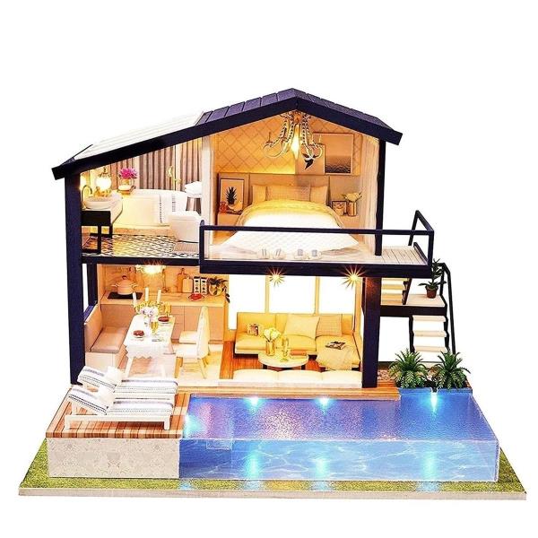 Modern Time Apartment Swimming Pool DIY Music Miniature Dollhouse