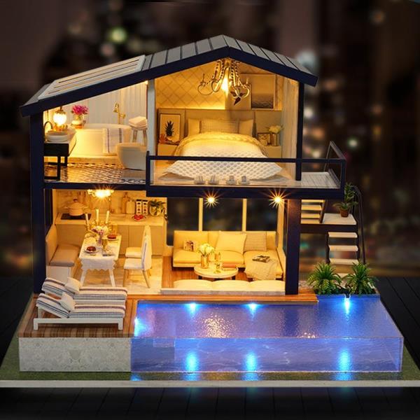 Modern Time Apartment Swimming Pool DIY Music Miniature Dollhouse