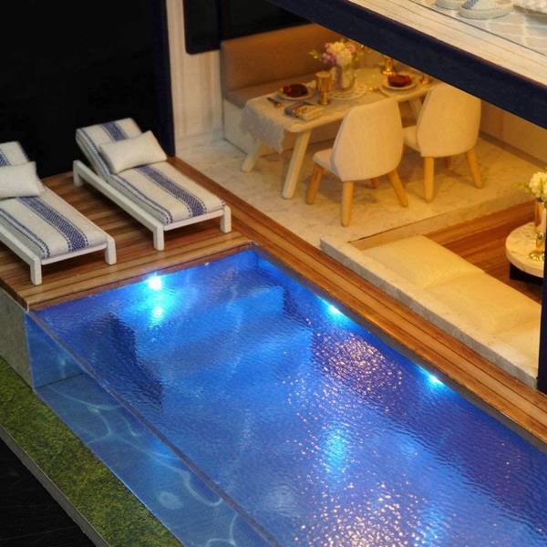 Modern Time Apartment Swimming Pool DIY Music Miniature Dollhouse