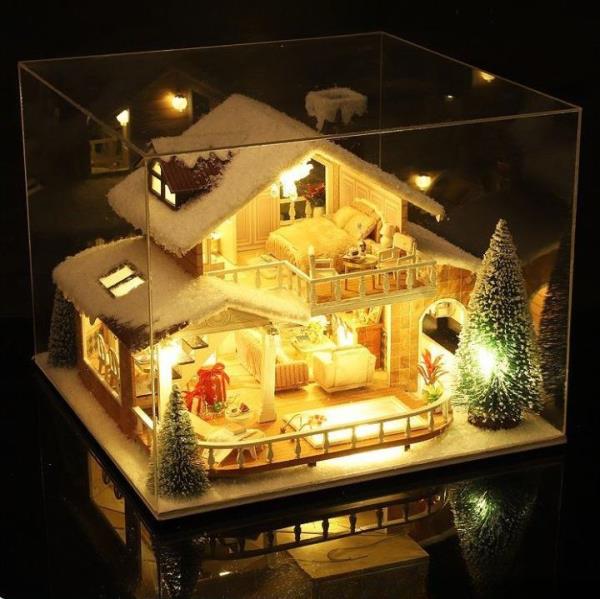 DIY Ice Snow 3D Wooden House Music Miniature Dollhouse