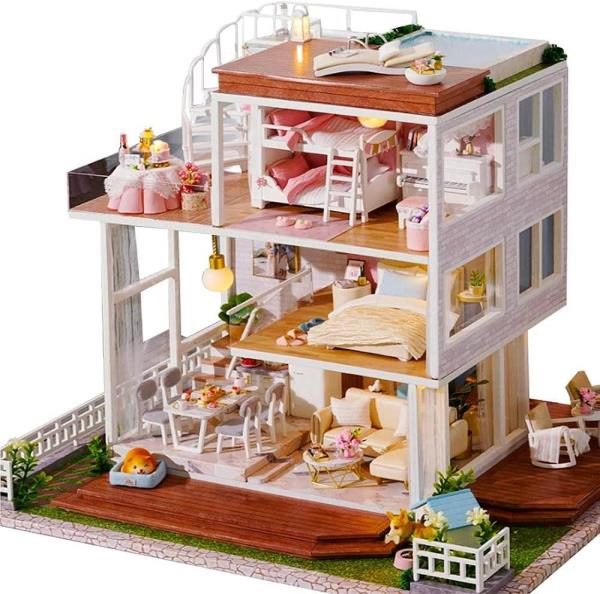 DIY Wooden Large Double Sided Garden Villa Music Miniature Dollhouse