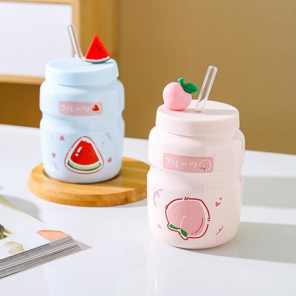 Cartoon Fruit Sippy Water Coffee Tea Ceramic Bottle