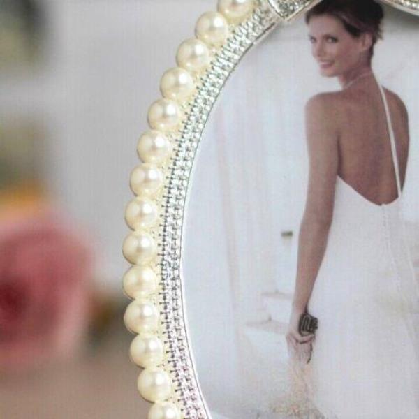 6 Inch Wedding White Crystal Pearl Bow Metal Photo Frame