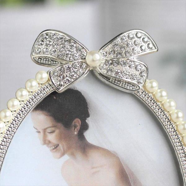 6 Inch Wedding White Crystal Pearl Bow Metal Photo Frame